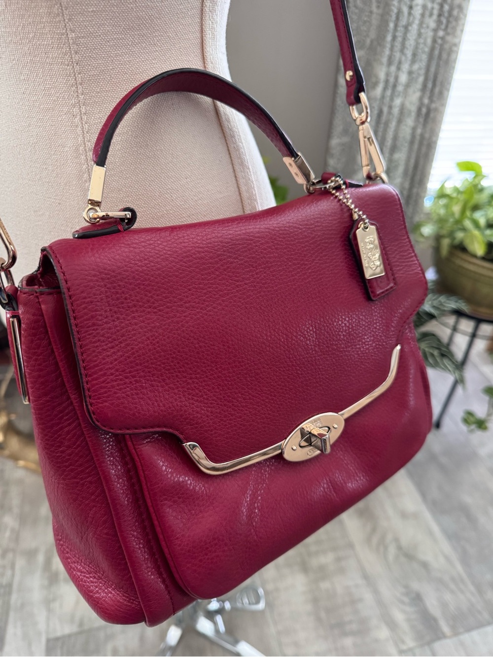 Coach Madison Sadie Flap Satchel in red leather with light gold-tone hardware
